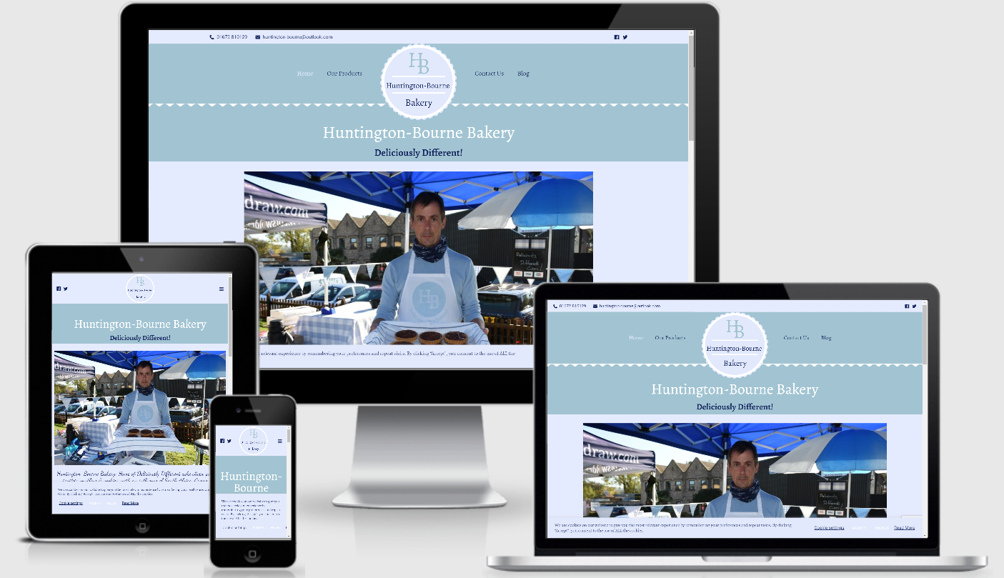 An image displaying the Huntington-Bourne Bakery website on various sizes of screen - mobile, tablet laptop and desktop