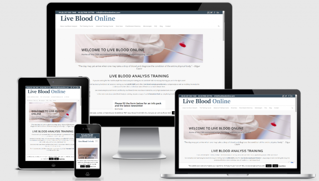 An image displaying the LiveBlood Online website on various sizes of screen - mobile, tablet laptop and desktop
